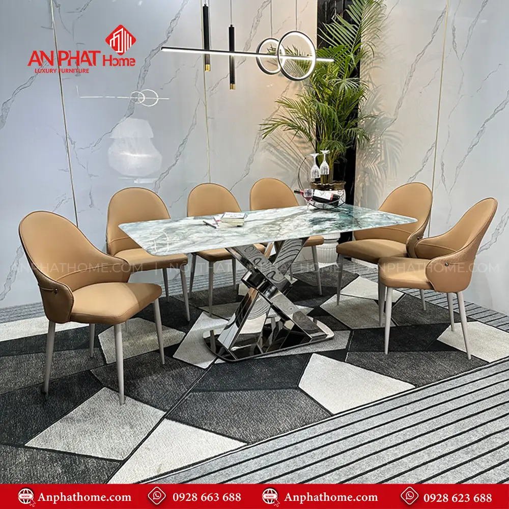 Bộ bàn ghế ăn mặt đá thạch anh khung inox nhập khẩu BA-1978 10 Chân bàn thiết kế vô cùng sang trọng, mặt bàn đá thạch anh với nhiều kích thước đa dạng từ 1m40 – 2m20 quý khách có thể lựa chọn mua thêm số lượng ghế, tùy theo nhu cầu sử dụng.