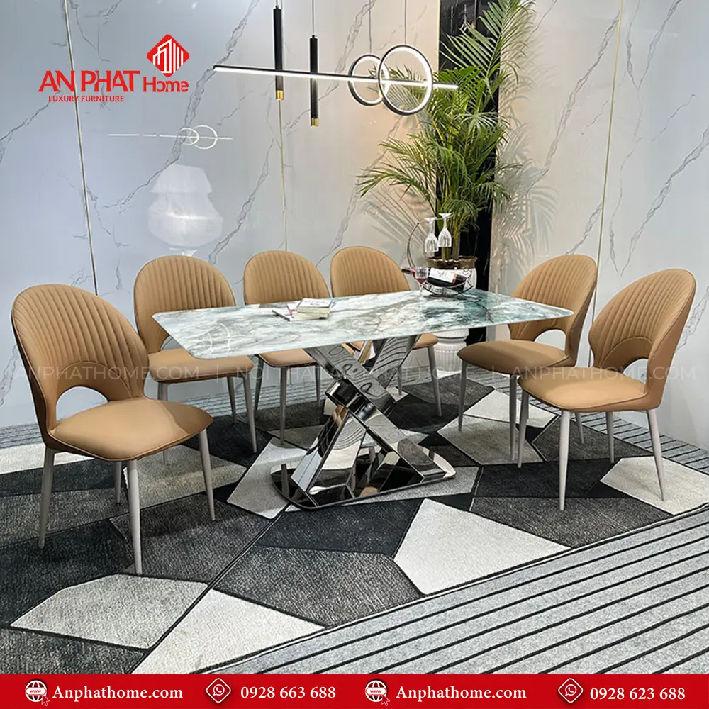 Bộ bàn ghế ăn mặt đá thạch anh khung inox nhập khẩu BA-1978 11 Chân bàn thiết kế vô cùng sang trọng, mặt bàn đá thạch anh với nhiều kích thước đa dạng từ 1m40 – 2m20 quý khách có thể lựa chọn mua thêm số lượng ghế, tùy theo nhu cầu sử dụng.