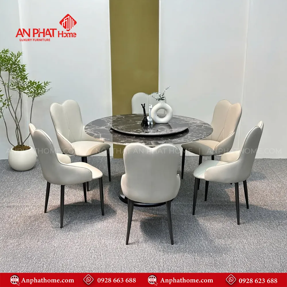 Bộ bàn ghế ăn mặt đá tròn hiện đại BA-1941 12 Mặt bàn đá vi tinh thể hay còn được gọi là đá thạch anh bở chứa 95% trong đó là đá thạch anh tự nhiên, % còn lại là hợp chất để tạo độ cứng cho mặt bàn