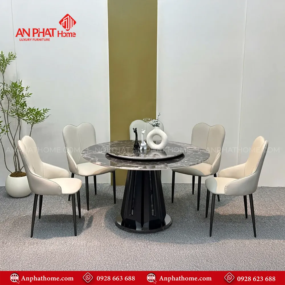 Bộ bàn ghế ăn mặt đá tròn hiện đại BA-1941 10 Bộ bàn ăn BA-1941 mặt tròn xoay 2 lớp thiết kế hiện đại, với kích thước mặt bàn đa dạng có thể ngồi từ 4 - 8 người