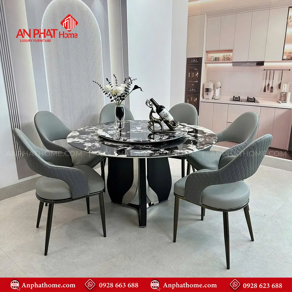 Bộ bàn ghế ăn mặt đá tròn xoay cao cấp BA-2002 10 kích thước bàn đa dạng ngồi từ 6-8 người, hơn nữa mẫu ghế với đa dạng kết hợp màu sắc, phù hợp với mọi không gian