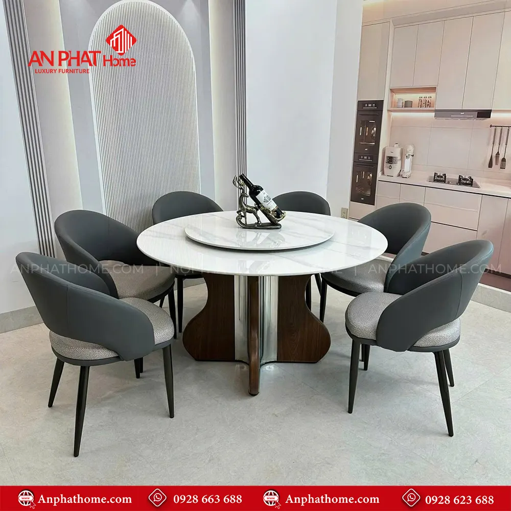 Bộ bàn ghế ăn mặt đá tròn xoay cao cấp BA-2002 11 bàn ăn thiết kế hiện đại inox tráng gương kết hợp mặt đá thạch anh cao cấp