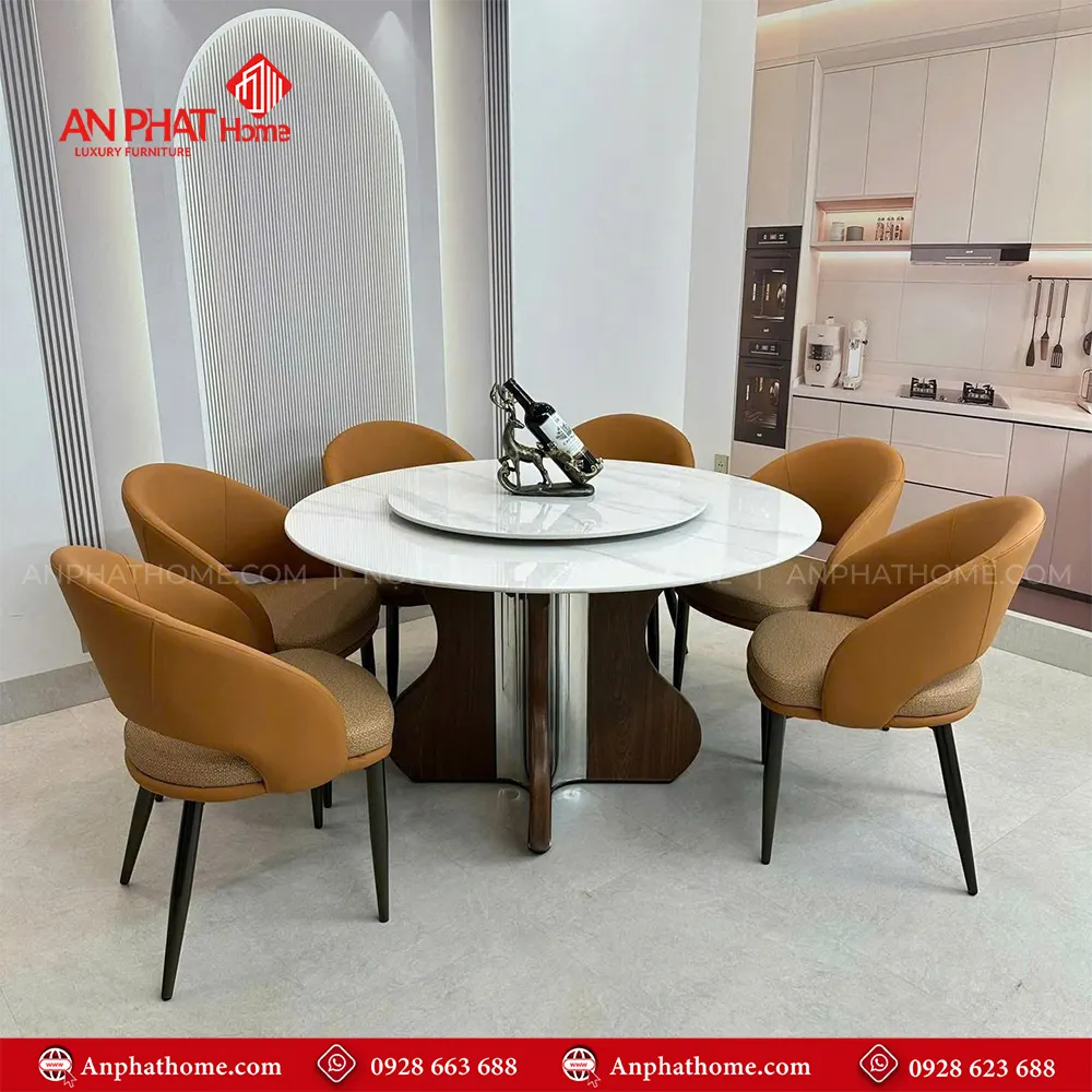Bộ bàn ghế ăn mặt đá tròn xoay cao cấp BA-2002 9 Bộ bàn ghế ăn mặt đá tròn xoay cao cấp BA-2002, Mặt đá thạch anh kết hợp sự sang trọng của inox và sự yêm ai của da Microfiber nhập khẩu