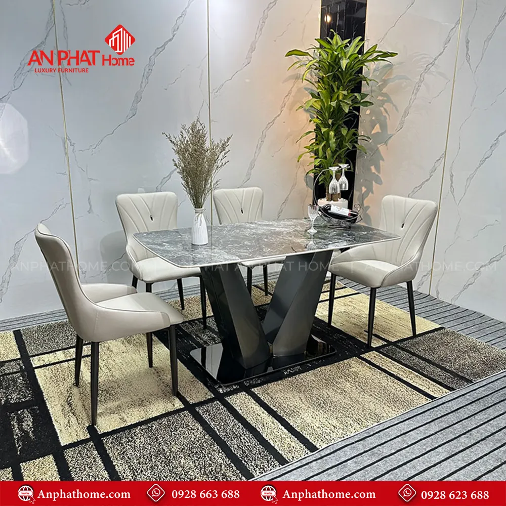 Bộ bàn ghế ăn thiết kế hiện đại BA-2011 10 Chân bàn thiết kế vô cùng sang trọng, mặt bàn đá thạch anh với nhiều kích thước đa dạng từ 1m40 – 2m20 quý khách có thể lựa chọn mua thêm số lượng ghế, tùy theo nhu cầu sử dụng.