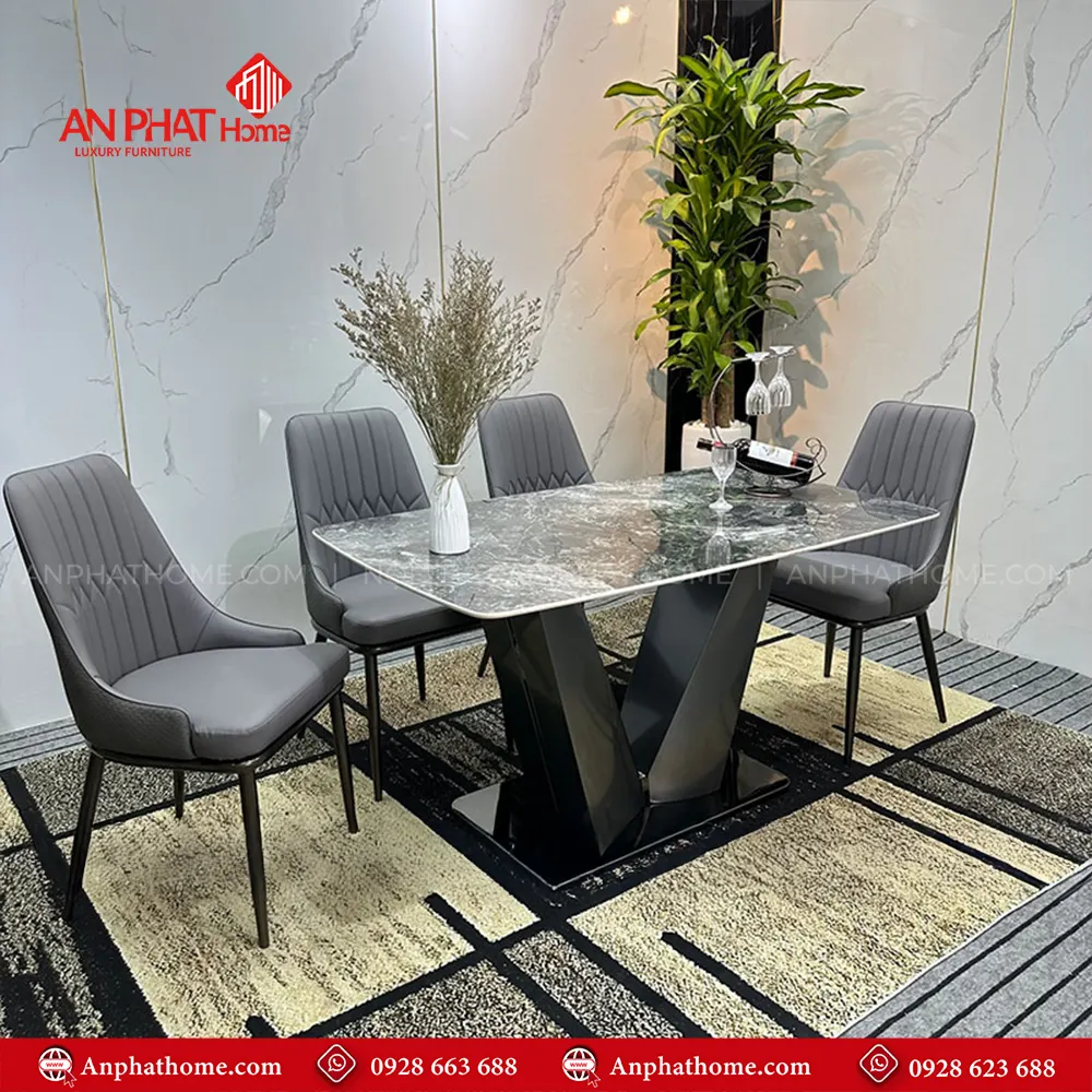 Bộ bàn ghế ăn thiết kế hiện đại BA-2011 9 Bộ bàn ghế ăn thiết kế hiện đại BA-2011, Mặt đá ceramic kết hợp sự sang trọng của inox và sự yêm ai của da Microfiber nhập khẩu