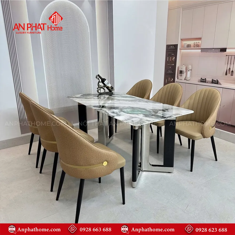 Bộ bàn ghế ăn thiết kế hiện đại sang trọng BA-1963 14 Mặt bàn ăn đá thạch anh kết hợp khung bàn inox thiết kế vô cùng trẻ chung hiện đại