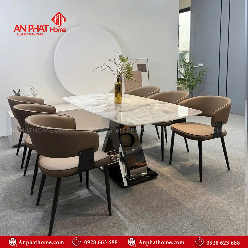 Bộ bàn mặt đá 6 ghế nhập khẩu BA-1956 12 khung bàn ăn được làm từ inox cao cấp kết hợp mặt bàn đá thạch anh sang trọng