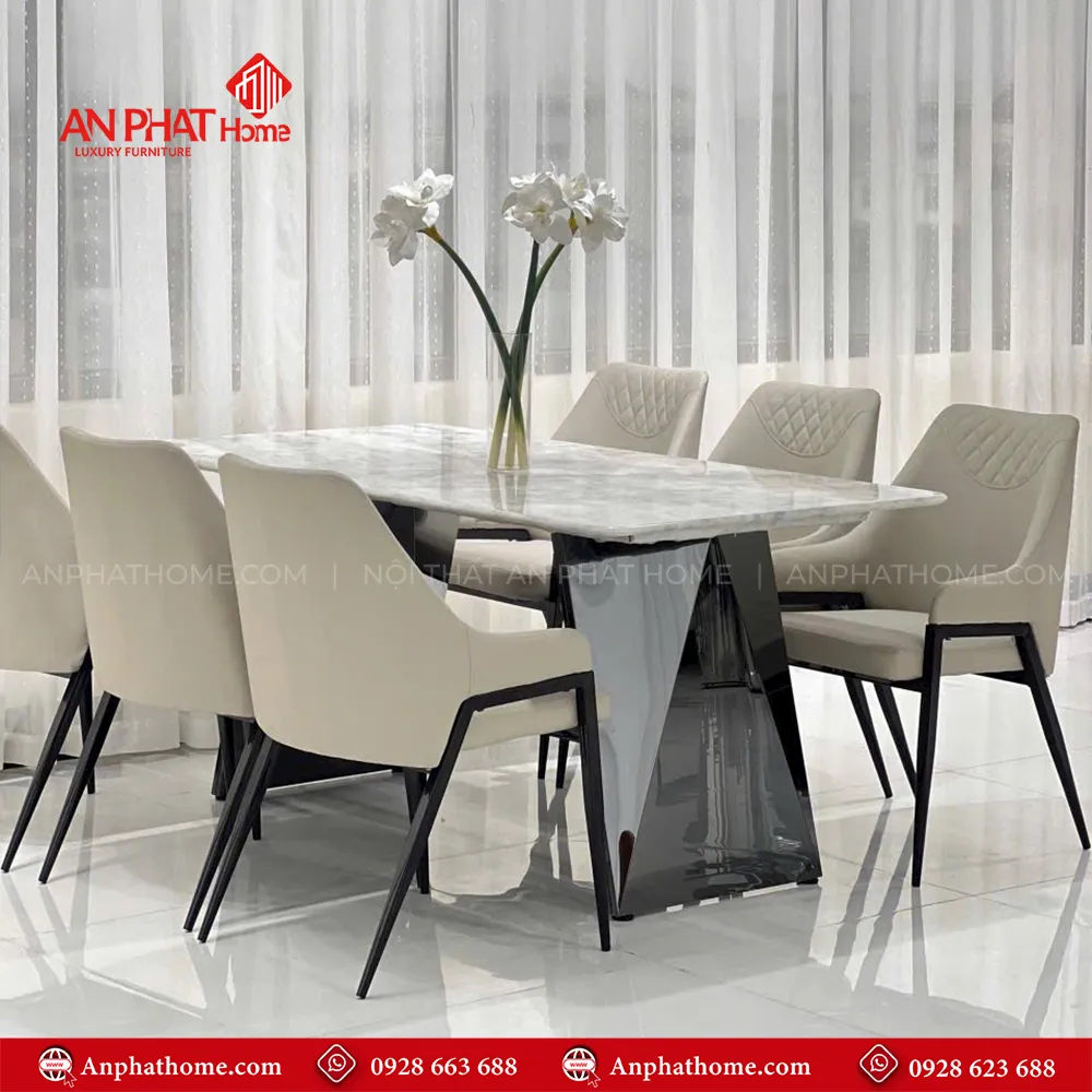 Bộ ghế ăn mặt đá cao cấp nhập khẩu BA-1947 8 Bàn ăn BA-1947 với lối thiết kế sang trọng kết hợp chân bàn mạ titan cao cấp nâng tầm giá trị không gian bếp