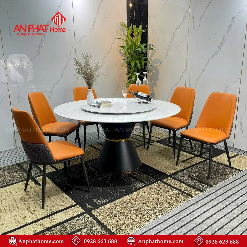 Mẫu Bàn Ăn Tròn Mặt Đá Xoay 6 Ghế Nhập Khẩu BA-1910 7 Bộ bàn ăn tròn xoay mặt đá 6 ghế BA-1910 nổi bật với thiết kế hiện đại phù hợp với mọi không gian nội thất
