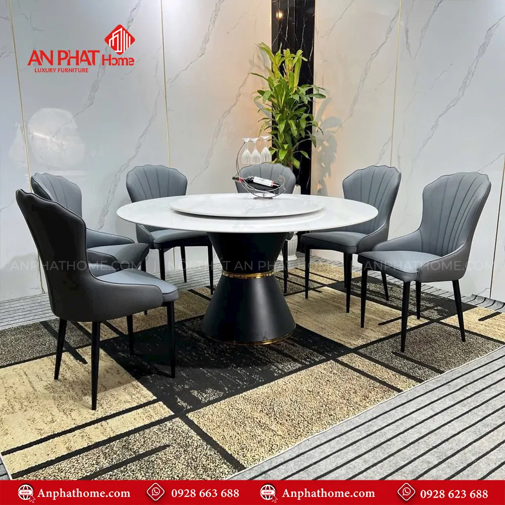 Mẫu Bàn Ăn Tròn Mặt Đá Xoay 6 Ghế Nhập Khẩu BA-1910 8 Bộ bàn ăn tròn xoay mặt đá Ceramic và 6 ghế da cao cấp