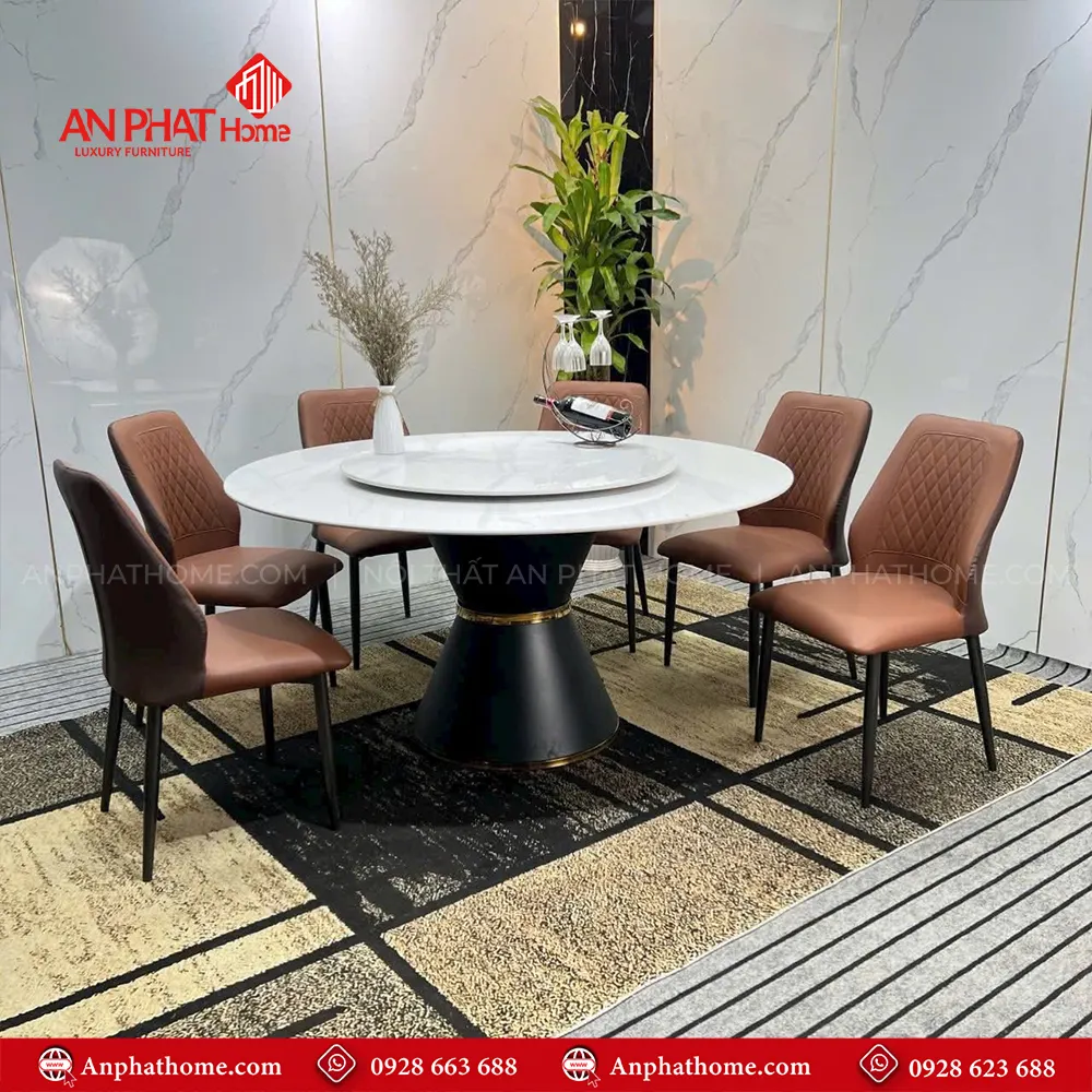 Mẫu Bàn Ăn Tròn Mặt Đá Xoay 6 Ghế Nhập Khẩu BA-1910 9 Bàn có kích thước D130cm – D800cm dành cho 6 – 8 người ngồi