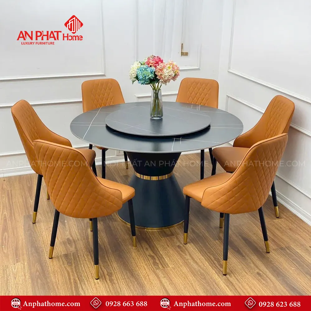 Mẫu Bàn Ăn Tròn Xoay Mặt Đá 6 Ghế Cao Cấp BA-1912 8 Bộ bàn ăn tròn xoay mặt đá và 6 ghế da cao cấp với nhiều màu sắc