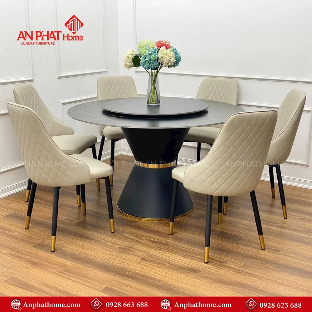 Mẫu Bàn Ăn Tròn Xoay Mặt Đá 6 Ghế Cao Cấp BA-1912 9 Bàn có kích thước D130cm – D800cm dành cho 6 – 8 người ngồi