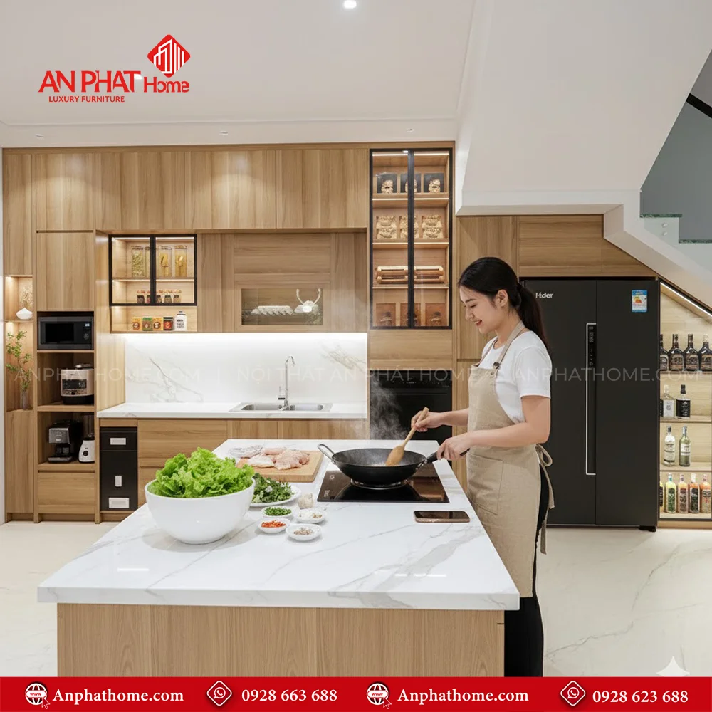 Tủ Bếp Gỗ Cánh Kính Siêu Đẹp TB-930 6 Mẫu tủ bếp đẹp hình chữ L hiện đại đơn giản