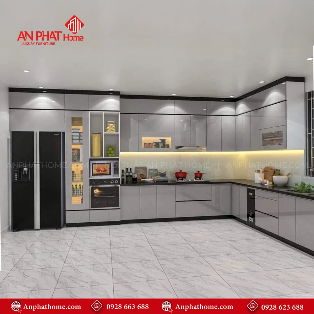 Mẫu tủ bếp đẹp hình chữ L nhôm kính