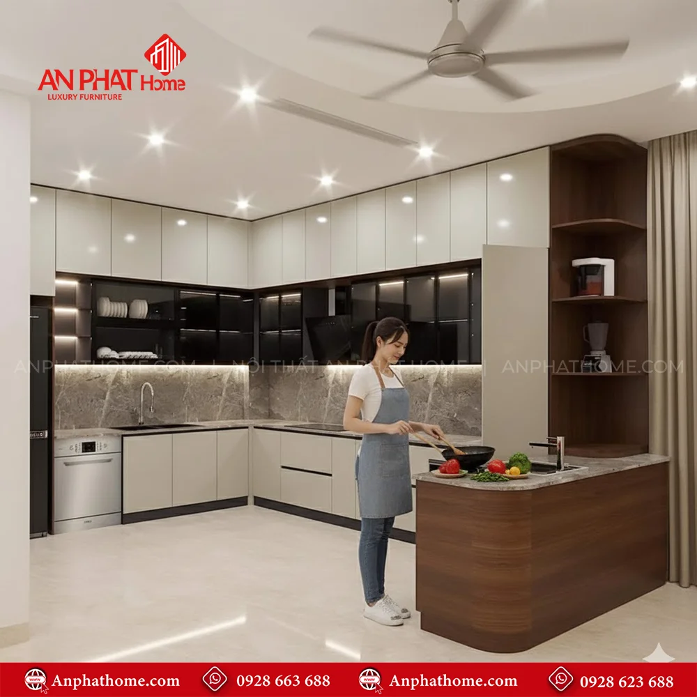 Tủ Bếp MDF Cánh Kính Sang Trọng TB-914 8 Mẫu tủ bếp chữ L nhỏ đẹp đơn giản