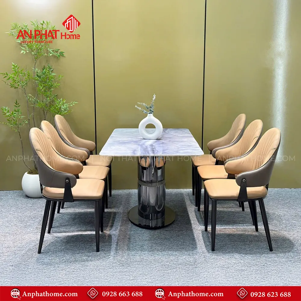 Bộ Bàn Ăn Mặt Đá Cao Cấp 6 Nghế Bọc Da Nhập Khẩu BA-1905 16 Mặt đá thạch anh cao cấp giúp mặt bàn lúc nào cũng bóng đẹp