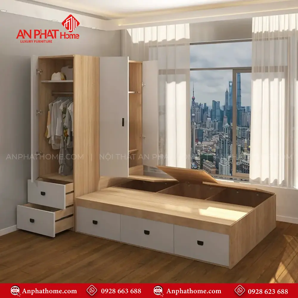 Giường Ngủ Liền Tủ Quần Áo Hiện Đại GN-350 8 Giường Ngủ Liền Tủ Quần Áo Hiện Đại GN-350