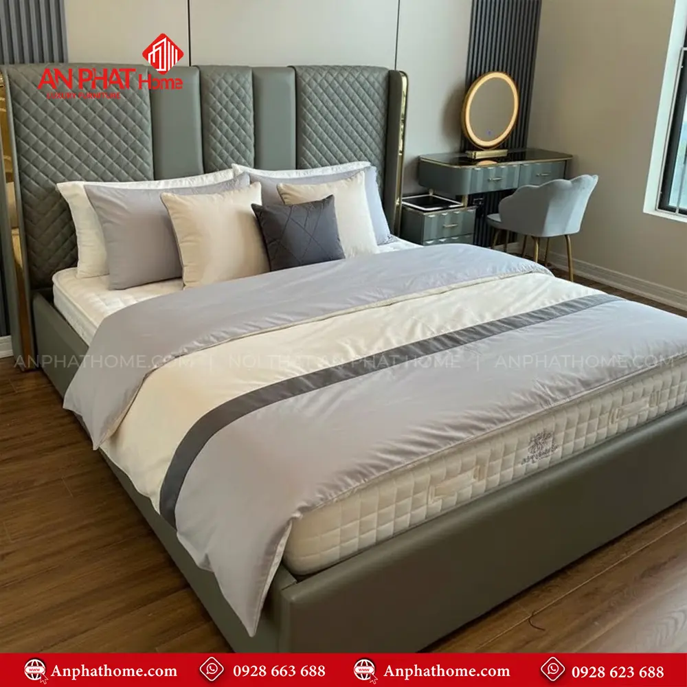Mẫu Giường Ngủ Bọc Da Viền Vàng GN-270