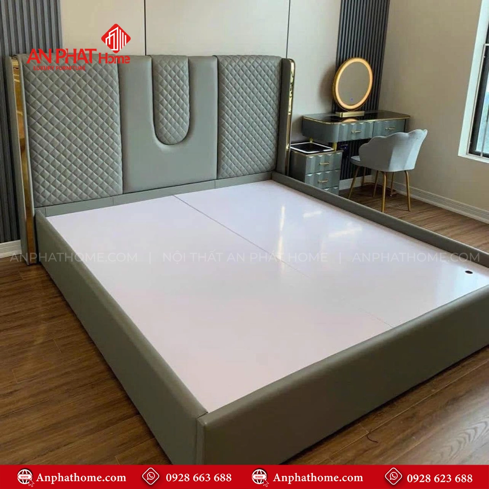 Mẫu Giường Ngủ Bọc Da Viền Vàng GN-270